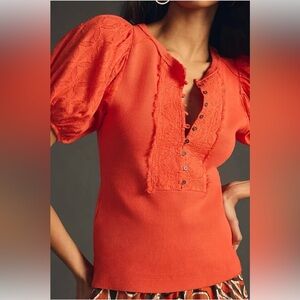 Anthropologie Pilcro Bella Pouf Sleeves Henley Top in Red Size Small